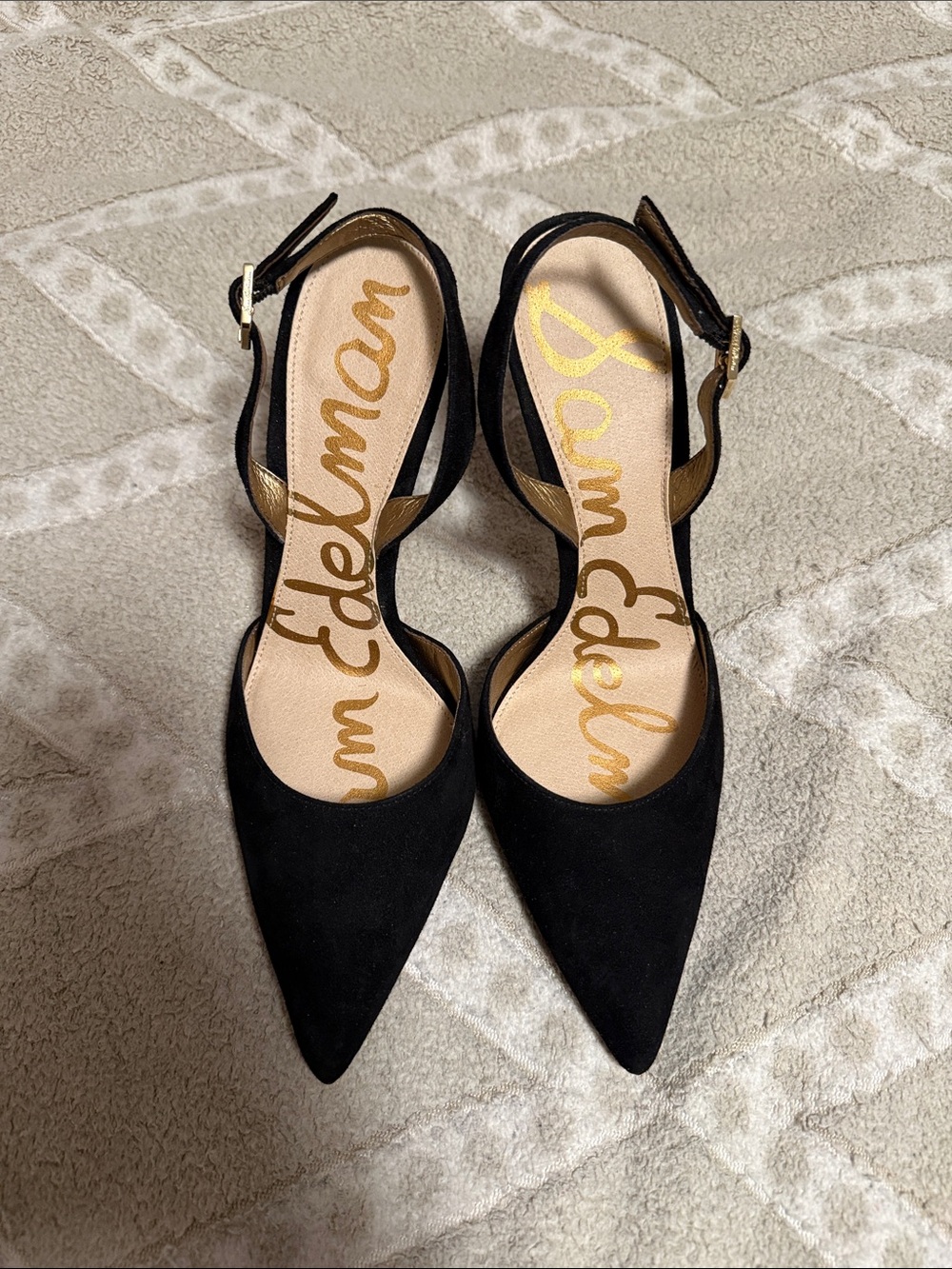 Sam Edelman Black Pointed Toe Ankle Strap Pumps with Gold Accents